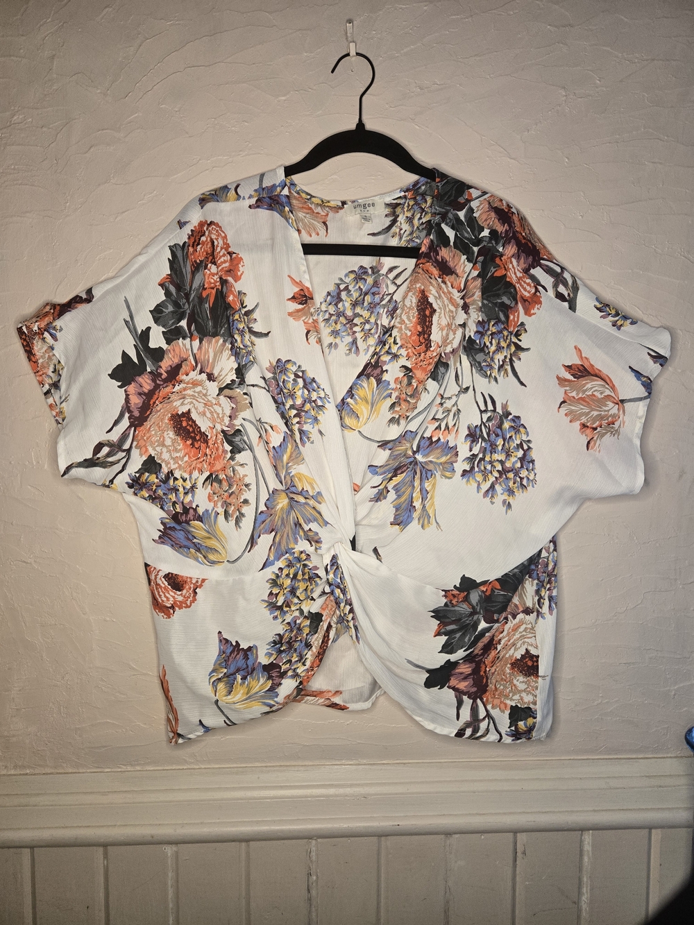 Umgee Floral Twist-Front Blouse - White with Coral & Lavender Flowers